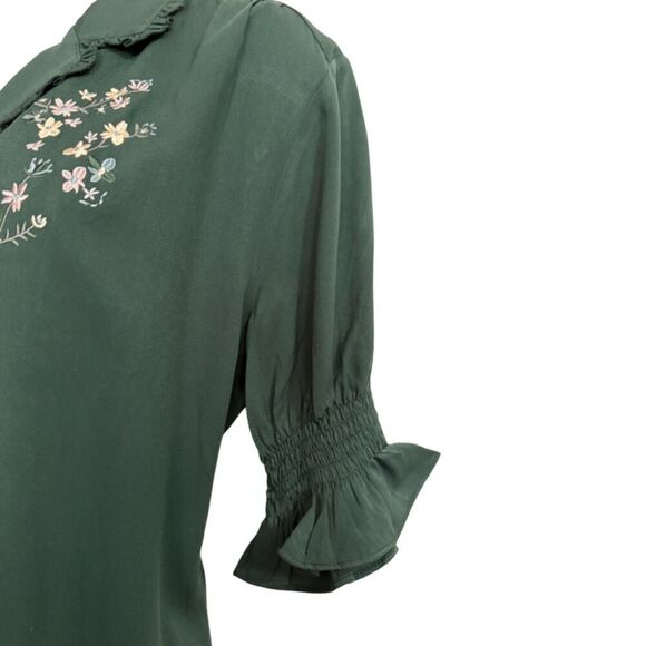 Simple Retro Green Embroidered Short Ruffle Sleeve Top Size XL - Picture 7 of 11